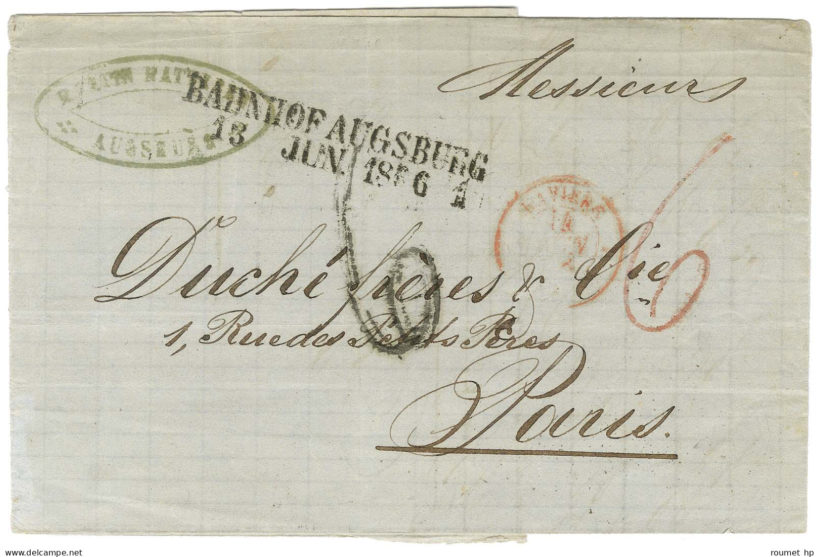 Càd BAHNHOF AUGSBURG Sur Lettre Pour Paris. Au Recto, Taxes Tampon 6 Noire Et Rouge. 1866. - TB. - Other & Unclassified