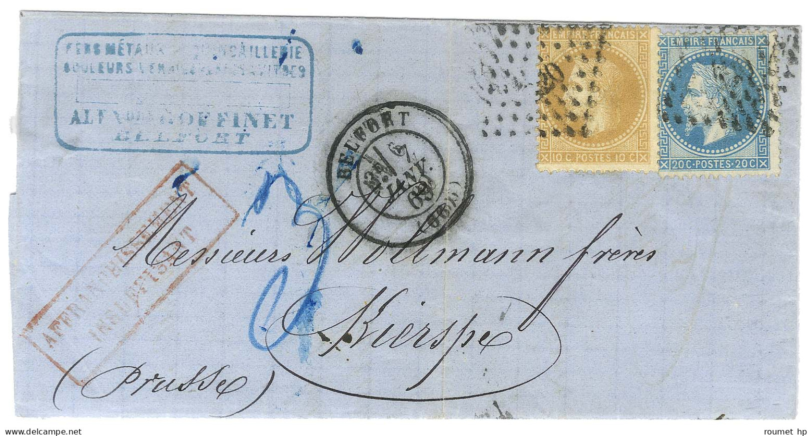 PC Du GC 420 / N° 28 + 29 Càd T 17 BELFORT (66) Sur Lettre Insuffisamment Affranchie Pour Kierspe Taxée 3kr. 1869. - TB  - Sonstige & Ohne Zuordnung