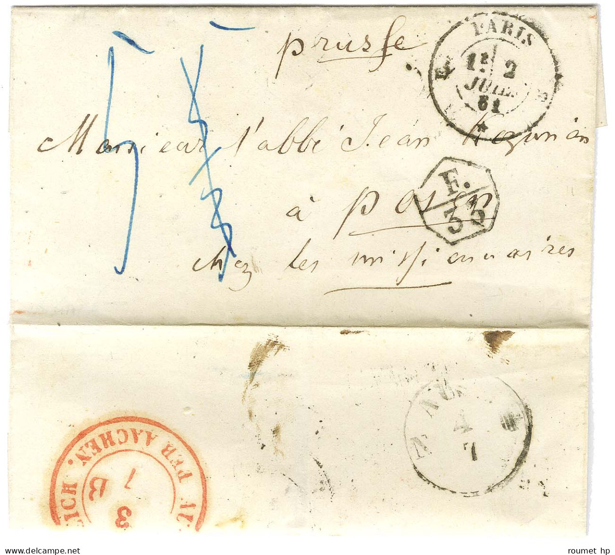 Càd E PARIS E Sur Lettre Pour La Prusse. Au Recto, Marque D'échange F. / 33 Et Taxe 5kr. 1861. - TB / SUP. - Autres & Non Classés