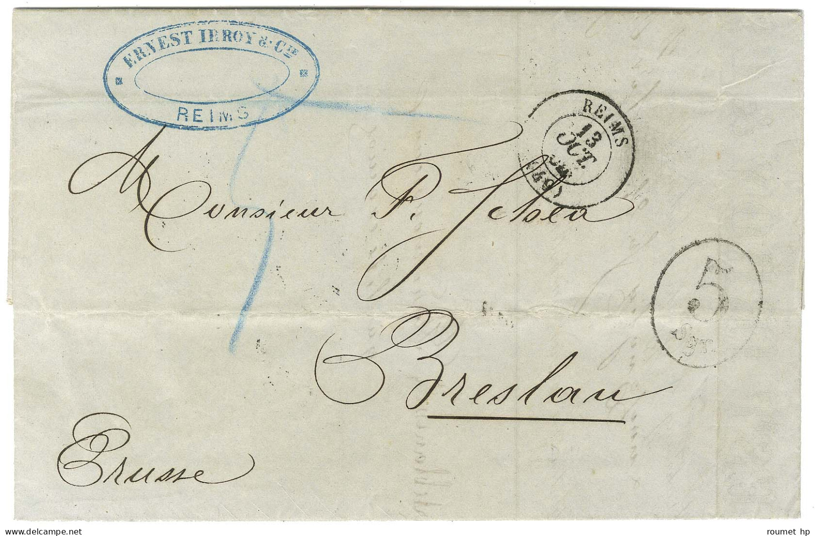 Càd T 15 REIMS (49) Sur Lettre Pour Breslau. Au Recto, Taxe 5 SGR Au Tampon Et Taxe 5kr Bleue. 1864. - TB / SUP. - Andere & Zonder Classificatie