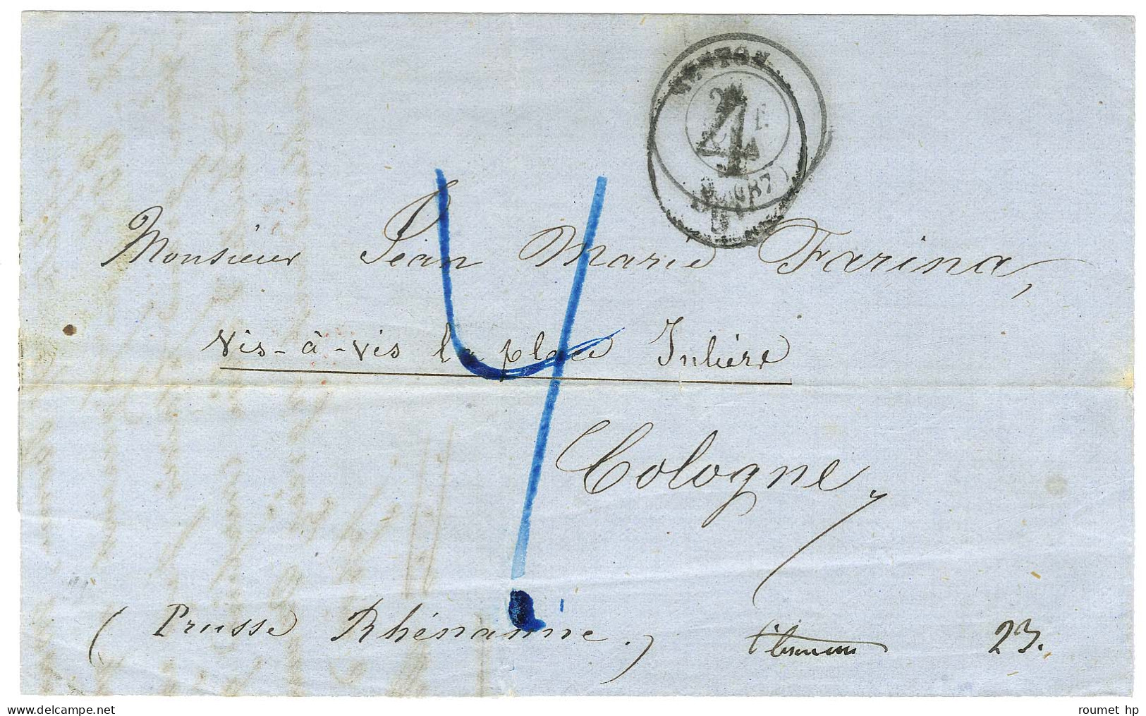 Càd T 15 MENTON (87) Sur Lettre Pour Cologne. Au Recto, Taxe 4 SGR Au Tampon Et Taxe 4kr Bleue. 1861. - TB. - Andere & Zonder Classificatie