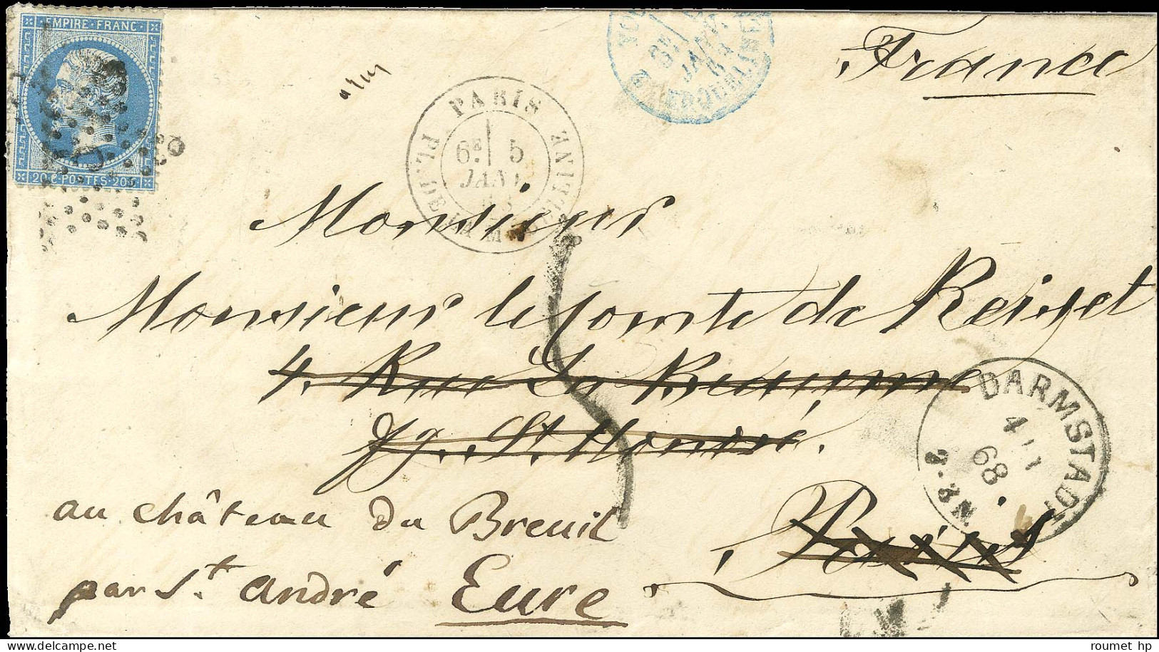 Càd DARNSTADT Sur Lettre Pour Paris, Taxe Tampon 5, Réexpédiée à Saint André De L'Eure à L'aide D'un N° 22 (leg Def) Obl - Other & Unclassified