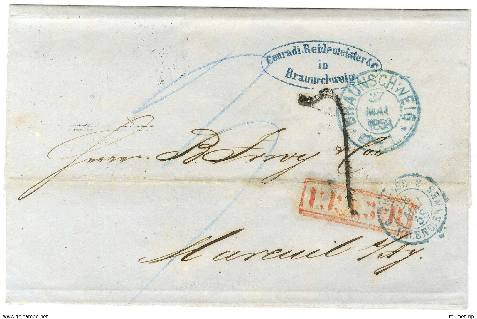 Càd Bleu BRAUNSCHWEIG Sur Lettre Pour Mareuil, Taxe Tampon 7 Et Griffe Encadrée Rouge U.P.A. 3e R. 1858. - TB. - Other & Unclassified