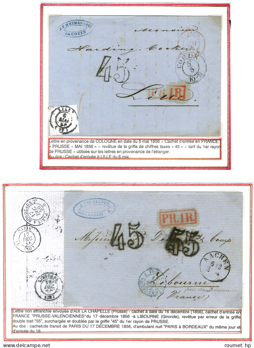 Lot De 2 Lettres De Aachen Et Koeln Pour La France Avec Griffe Encadrée Rouge PR 1 R Et Taxe 45 DT. - TB / SUP. - Other & Unclassified