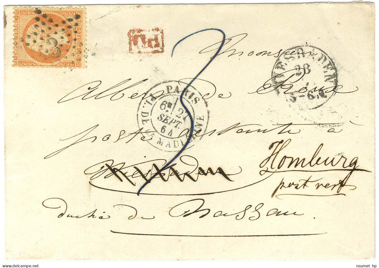 Etoile 3 / N° 23 Càd PARIS / PL. DE LA MADELEINE Sur Lettre Pour Wiesbaden Réexpédiée à Hombourg à L'aide D'une Taxe 3.  - Otros & Sin Clasificación