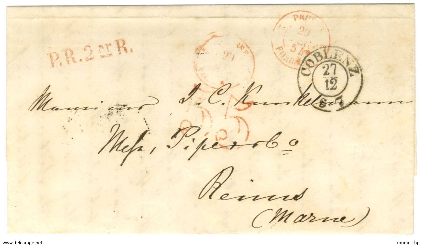 Lettre De Coblenz Pour Reims. Au Recto, Taxe 55 DT Rouge. 1854. - TB. - Other & Unclassified