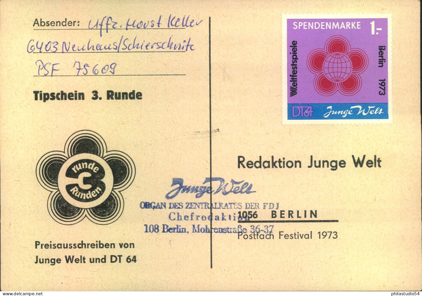 1973, 1,- Mark - Beide Spendenmarken Je Auf Gelaufener Karte Zum Weltfestival - Altri & Non Classificati