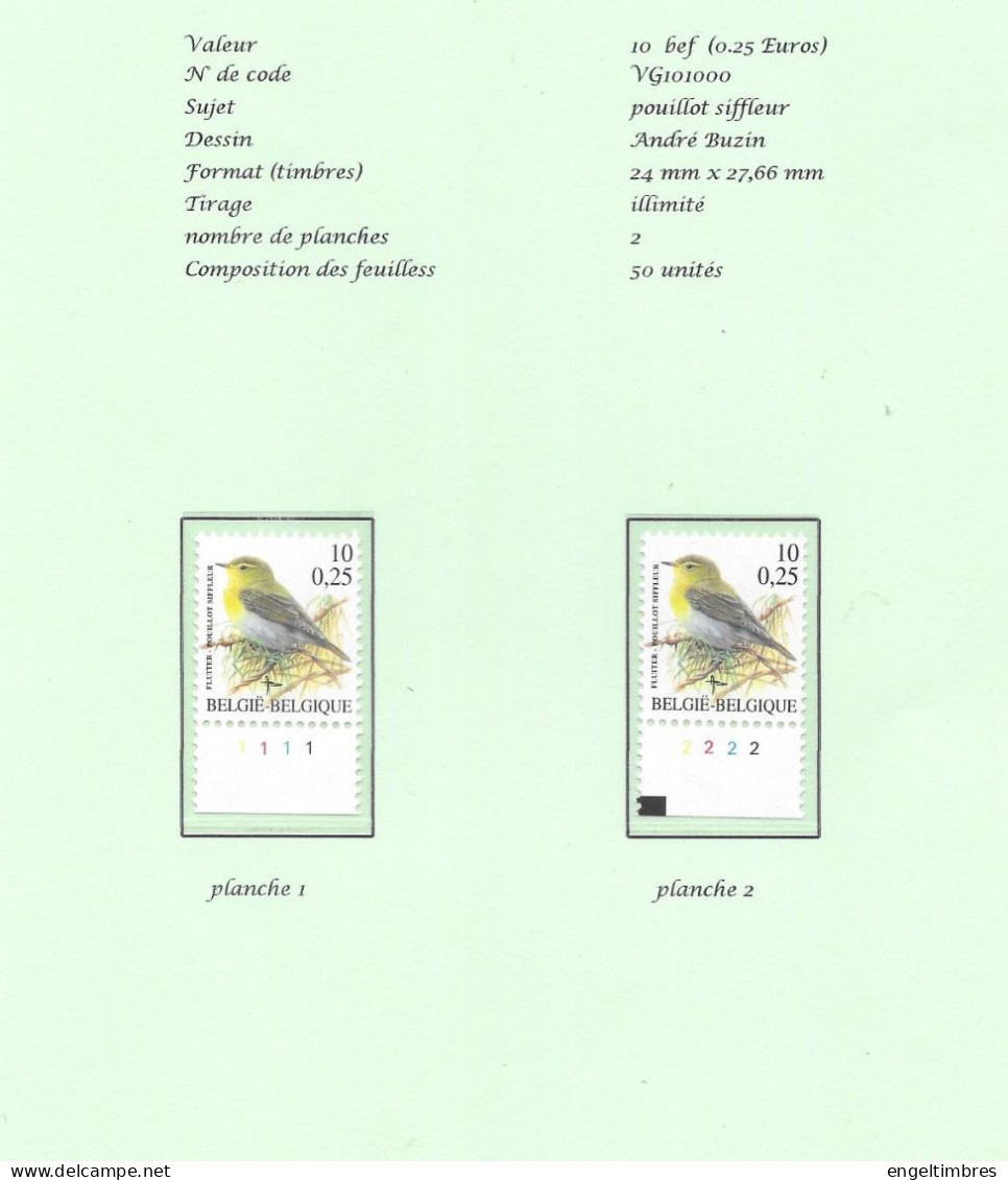 Belgium -  2000 BUZIN Birds -  Pouillot Siffleur/fluiter   10 Bfrs  Plaatnummers 1 - 2 Postfris - Zie Scan - 2011-..
