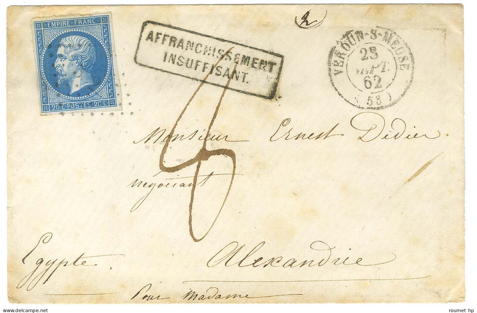 PC 3522 / N° 14 Càd T 15 VERDUN-S-MEUSE (53) Sur Lettre Insuffisamment Affranchie Pour Alexandrie (Egypte). Au Recto, Gr - Other & Unclassified