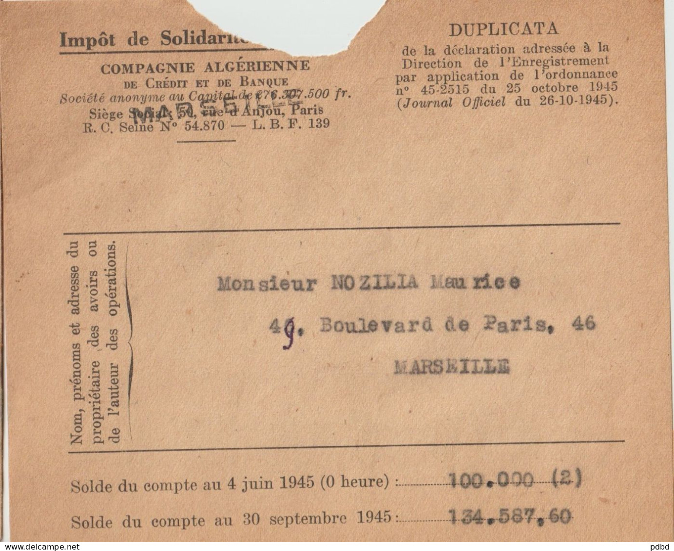 VP 78  . Solidarité . Algérie . Marseille Départ . 1946 . - Banco & Caja De Ahorros