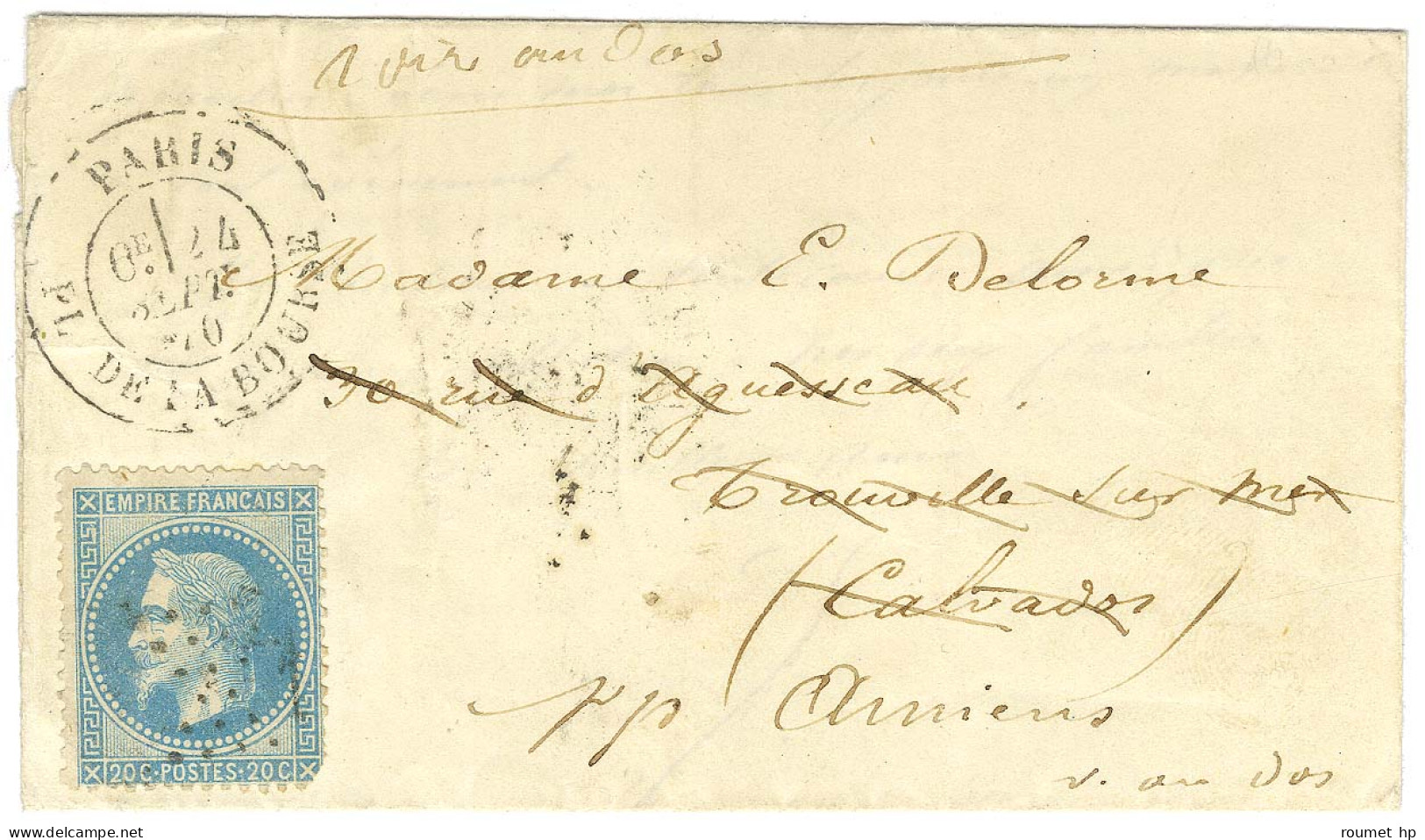 Etoile 1 / N° 29 (leg Def) Càd PARIS / PL. DE LA BOURSE 24 SEPT. 70 Sur Lettre Pour Trouville Réexpédiée à Amiens. Au Ve - Oorlog 1870