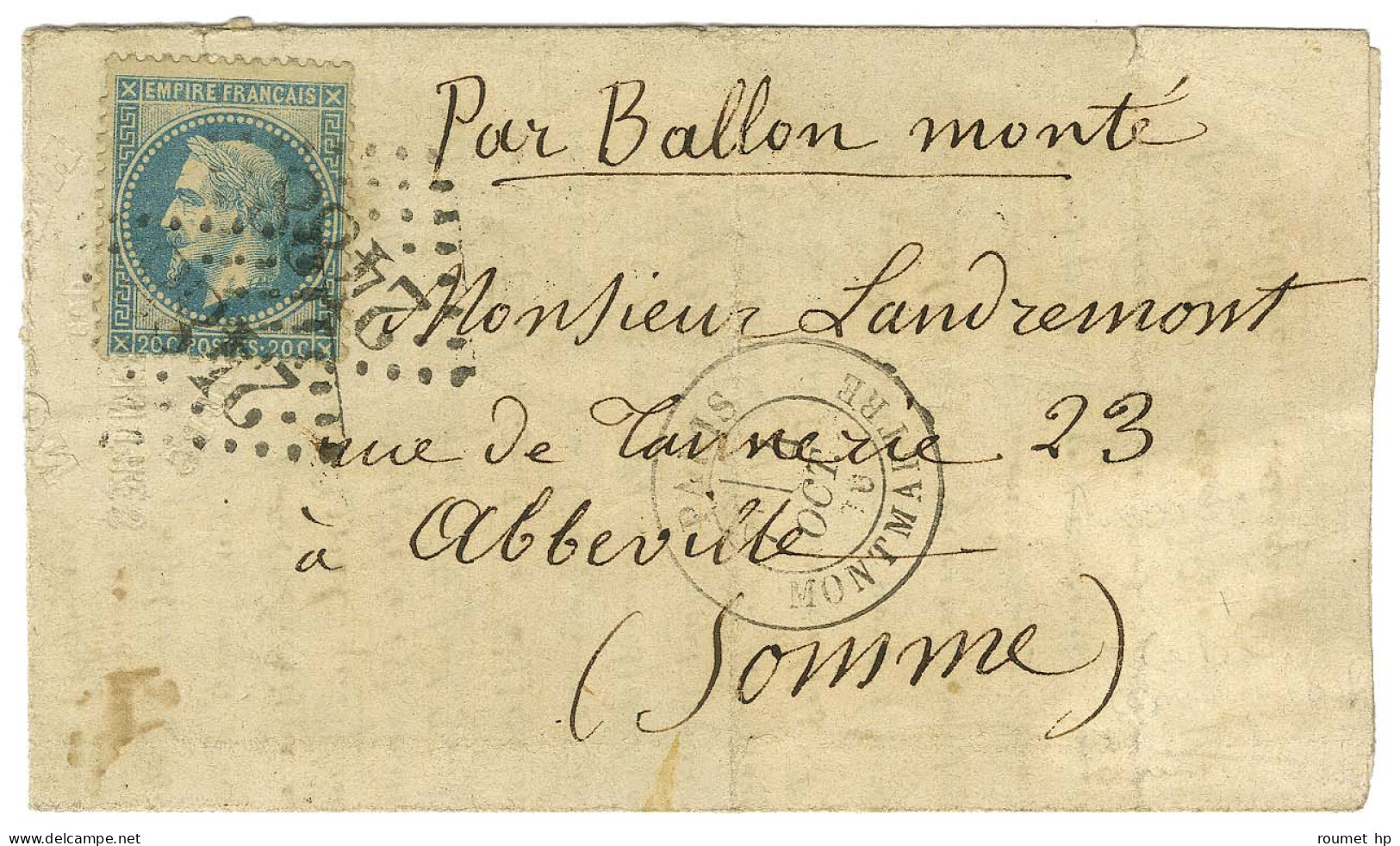GC 2488 / N° 29 Càd PARIS / MONTMARTE 4 OCT. 70 Sur Lettre Pour Abbeville. Au Verso, Càd PARIS A CALAIS 13 OCT. 70 Et Cà - War 1870
