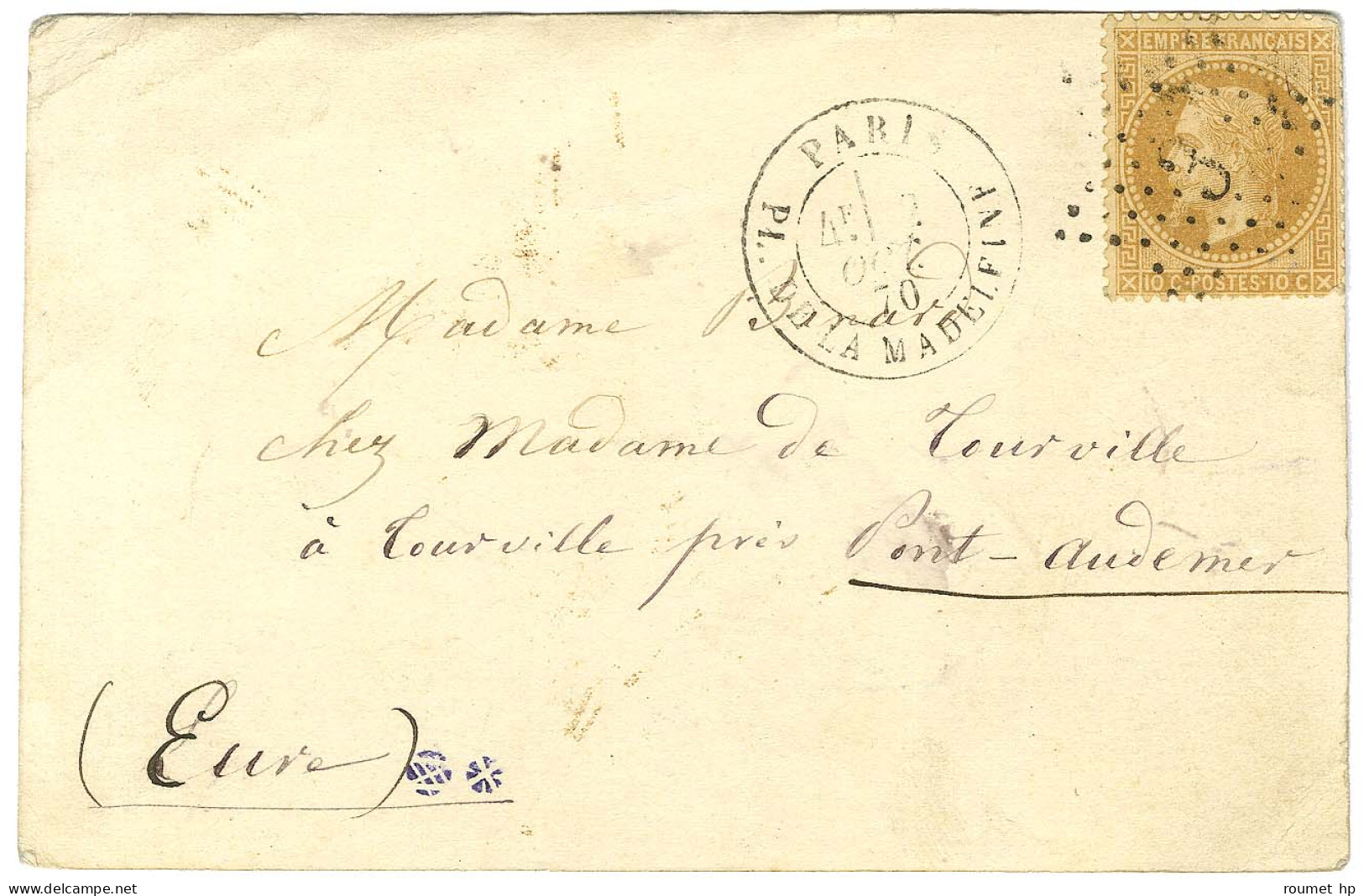 Etoile 3 / N° 28 Càd PARIS / PL. DE LA MADELEINE 2 OCT. 70 Sur Carte Pour Pont-Audemer. Au Verso, Càd D'arrivée 2 NOV. 7 - Krieg 1870