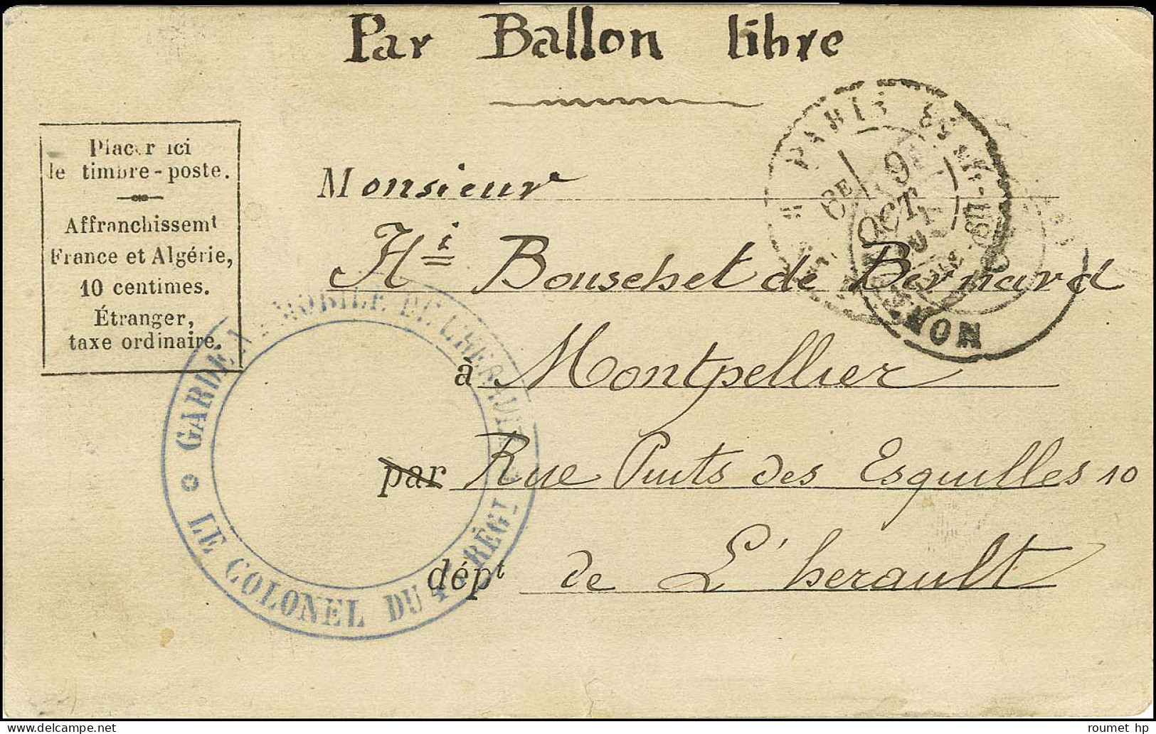 Càd PARIS / R. SAINT DOMque ST GN N° 53 9 OCT. 70 Sur Carte En Franchise Militaire Pour Montpellier. Au Recto Et Verso,  - Guerra De 1870