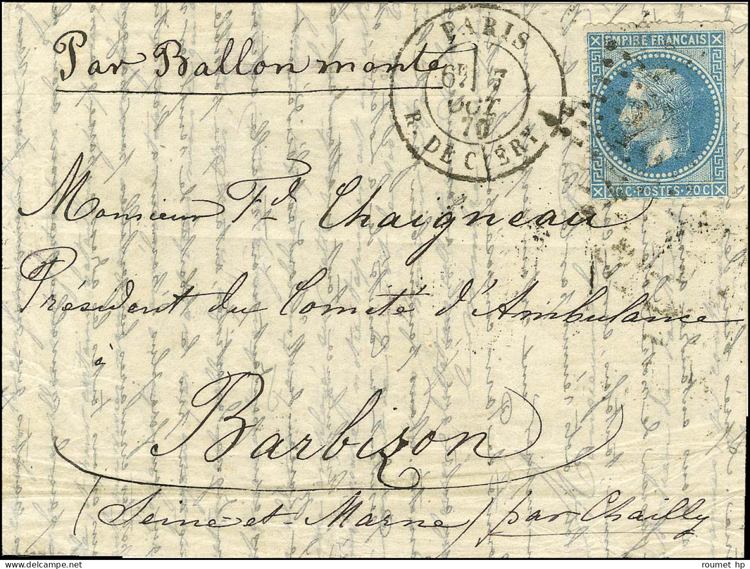 Etoile 24 / N° 29 Càd PARIS / R. DE CLERY 7 OCT. 70 Sur Lettre Adressée Au Président Du Comité D'ambulances à Barbizon ( - Krieg 1870