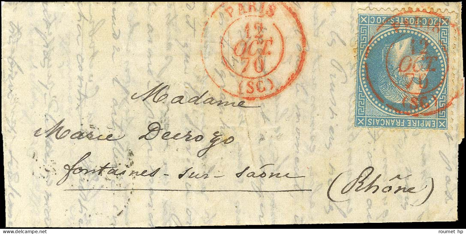 Càd Rouge PARIS (SC) 12 OCT. 70 (répété à Côté) / N° 29 Sur Lettre Pour Fontaines Sur Saône, Au Verso Càd D'arrivée 16 O - War 1870