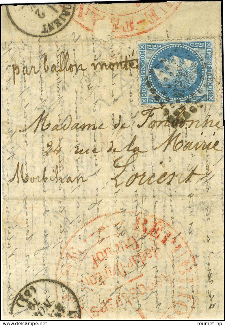 Lettre Avec Texte Daté De Paris Le 18 Octobre 1870 Pour Lorient, Au Recto Losange HP2 / N° 29, Au Verso Grand Cachet Rou - Guerra De 1870