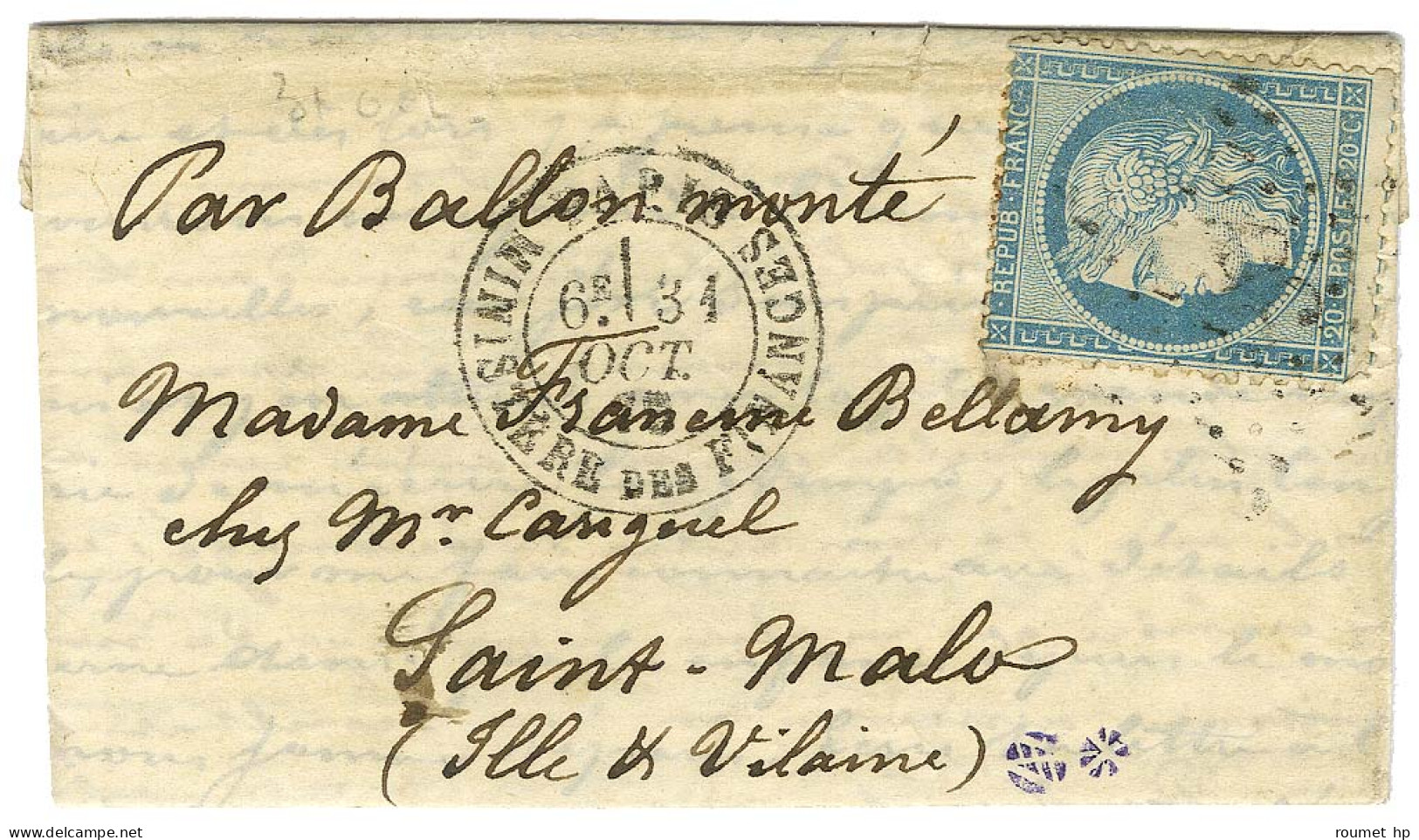 Etoile 35 / N° 37 Càd PARIS / MINISTERE DES FINANCES 31 OCT. 70 Sur Lettre Pour Saint Malo. Au Verso, Càd D'arrivée 4 NO - Guerra De 1870