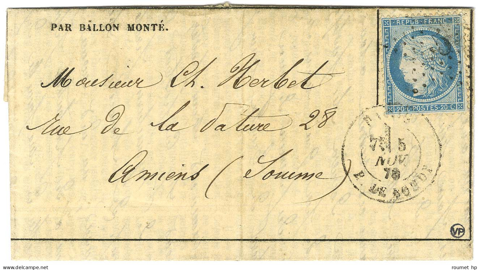 Etoile 5 / N° 37 Càd PARIS / R. DE BONDY 5 NOV. 70 Sur Gazette Des Absents N° 5 Pour Amiens. Au Verso, Càd D'arrivée 8 N - Oorlog 1870