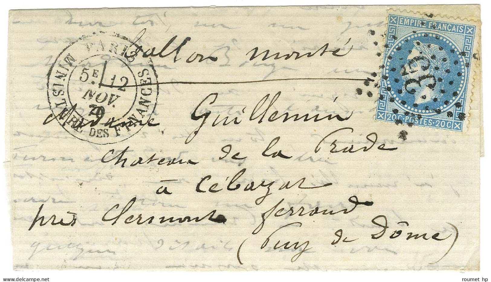 Etoile 35 / N° 29 Càd PARIS / MINISTERE DES FINANCES 12 NOV. 70 Sur Lettre Pour Clermont Ferrand. Au Verso, Càd D'arrivé - Oorlog 1870