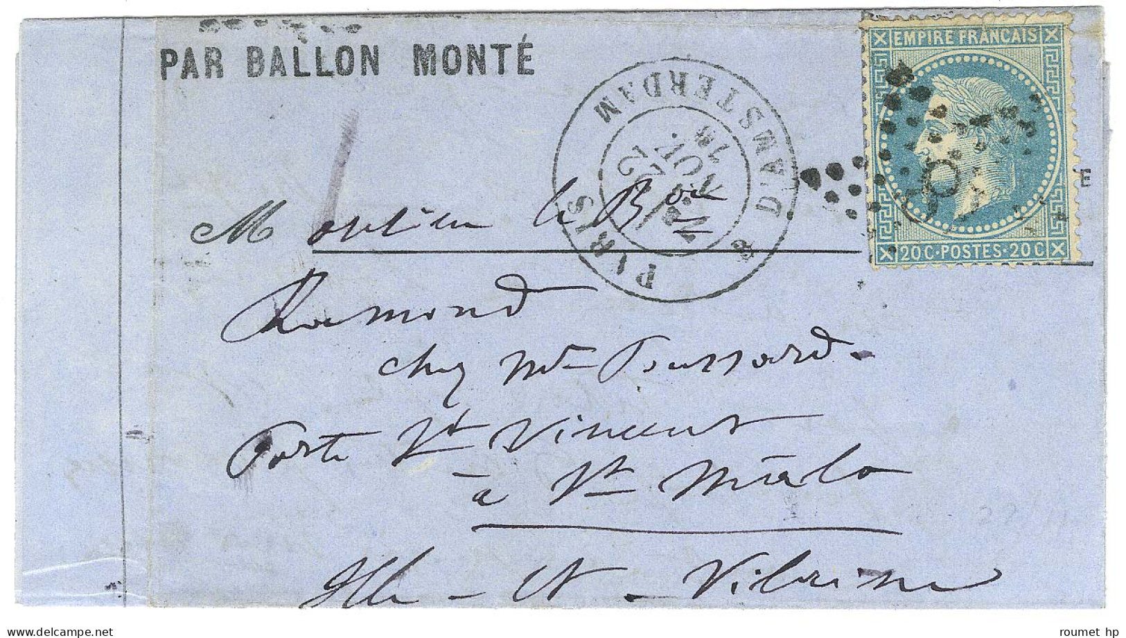 Etoile 18 / N° 29 Càd PARIS / R. D'AMSTERDAM 22 NOV. 70 Sur Lettre PAR BALLON MONTE Pour Saint Malo. Au Verso, Càd De Pa - Krieg 1870