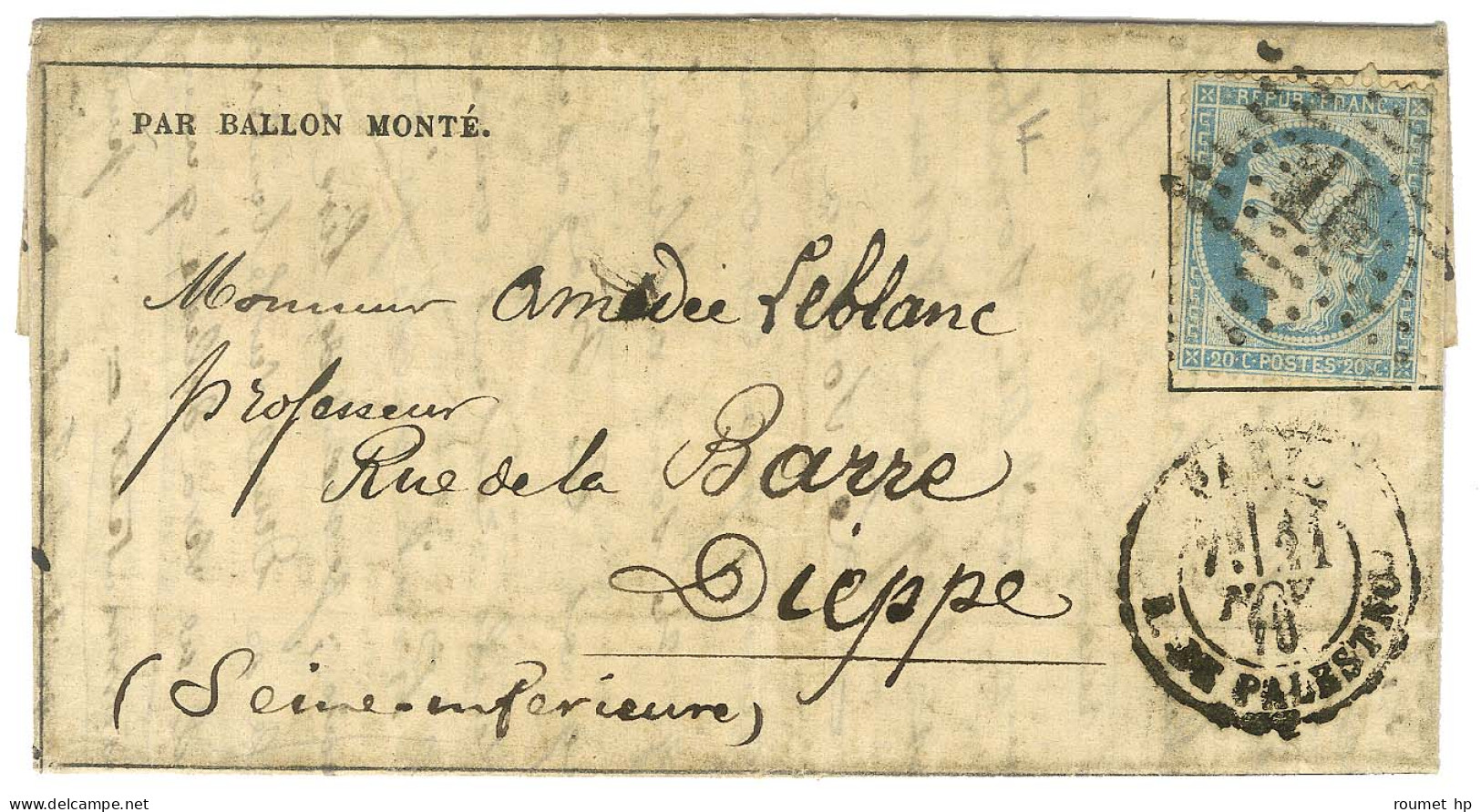 Etoile 16 / N° 37 Càd PARIS / R. DE PALESTRO 21 NOV. 70 Sur Gazette Des Absents N° 9 Pour Dieppe. Au Verso, Càd D'arrivé - Krieg 1870