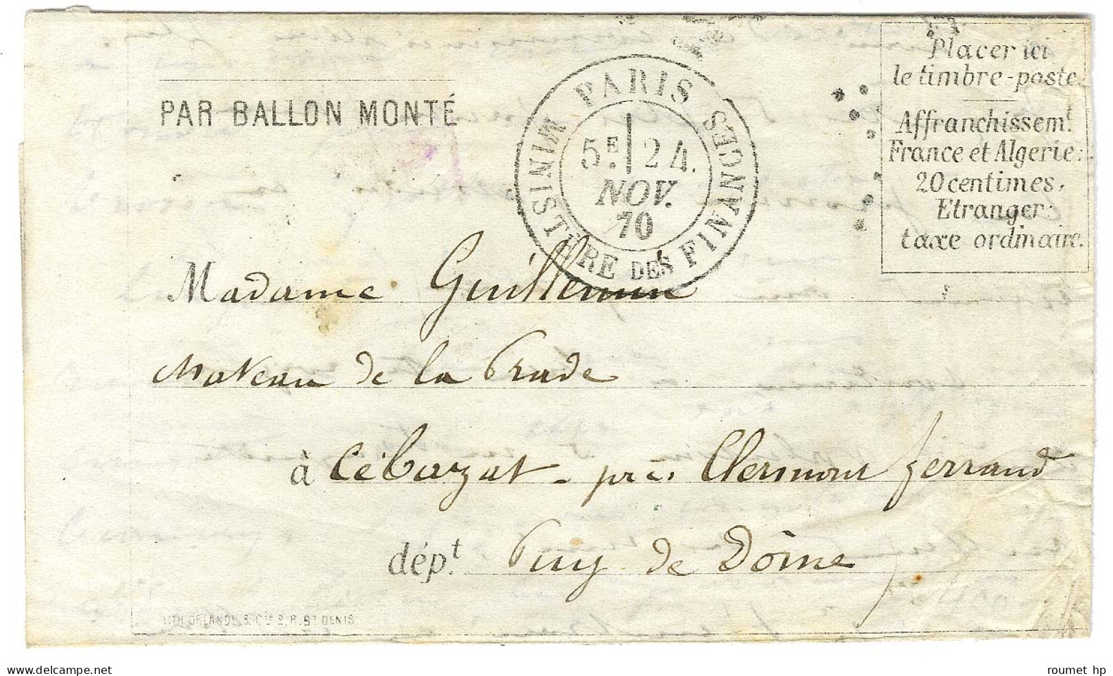 Càd PARIS / MINISTERE DES FINANCES 24 NOV. 70 (timbre Tombé Par Immersion) Sur Formule Orlandi PAR BALLON MONTE Pour Cle - Guerra De 1870