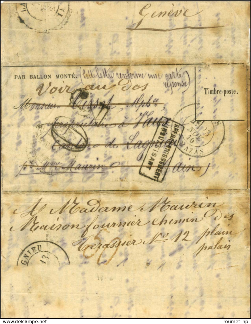 Càd PARIS / BT MAZAS 23 NOV. 70 4e Levée (timbre Tombé Par Immersion) Sur Gazette Des Absents N° 10 Pour Lagnieu Réexpéd - Oorlog 1870