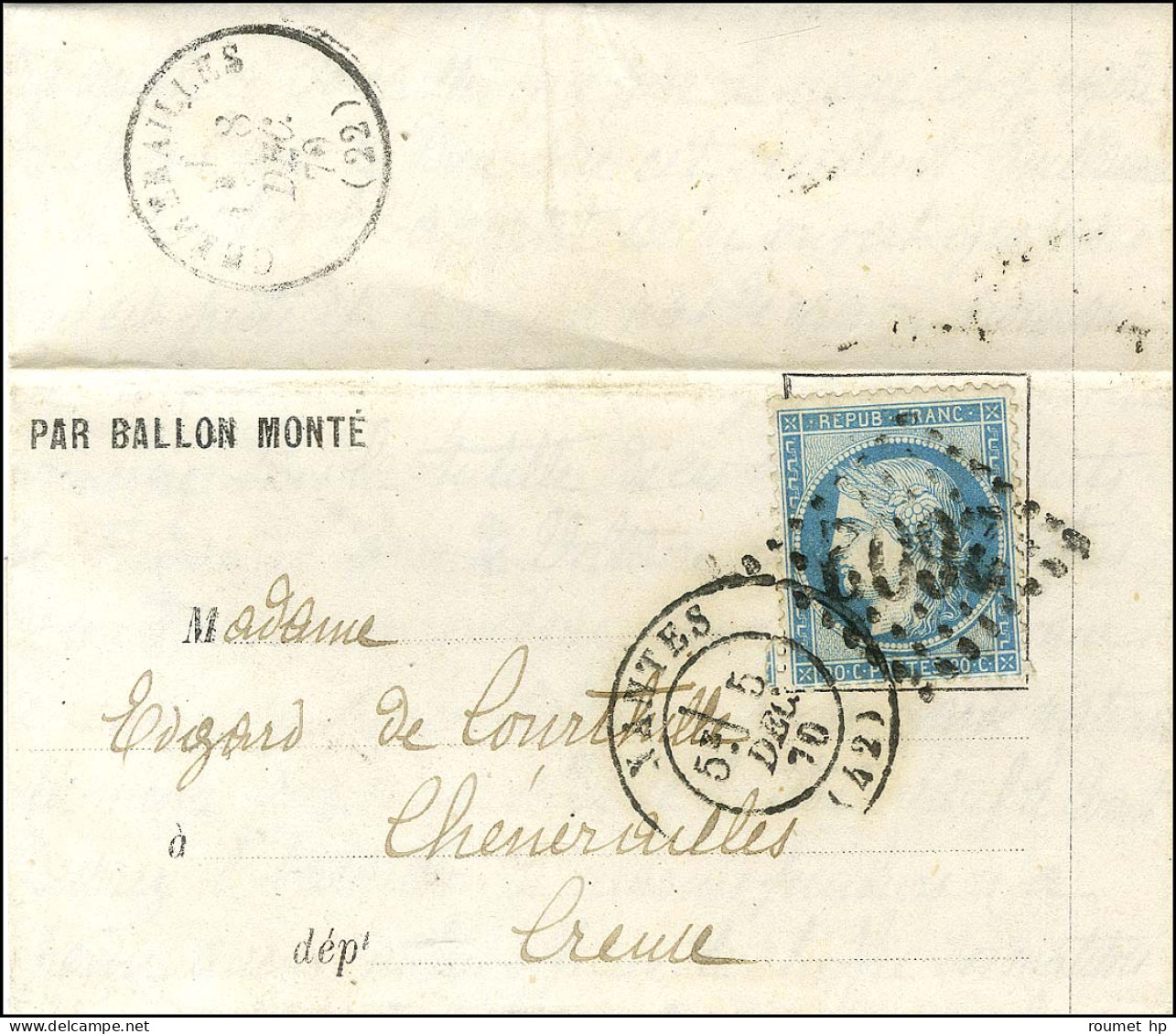 Lettre Avec Texte Daté De Montrouge Le 2 Décembre 1870 Pour Chénerailles, Au Recto GC 2602 / N° 37 Càd T 17 NANTES (42)  - War 1870