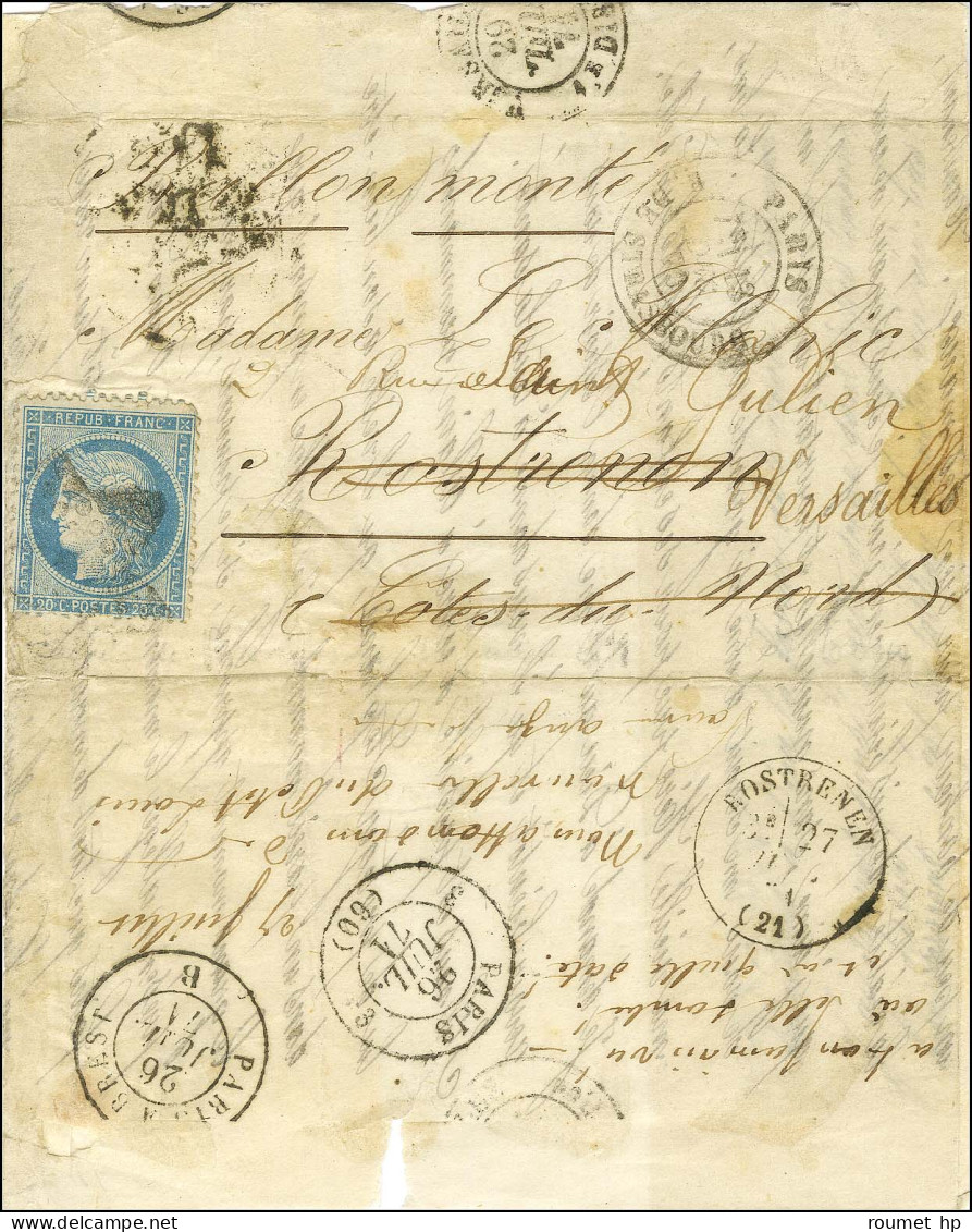 Etoile 14 / N° 37 Càd PARIS / R. DE STRASBOURG 13 DEC. 70 Sur Lettre Pour Rostrenen Réexpédiée à Versailles. Au Verso, R - War 1870