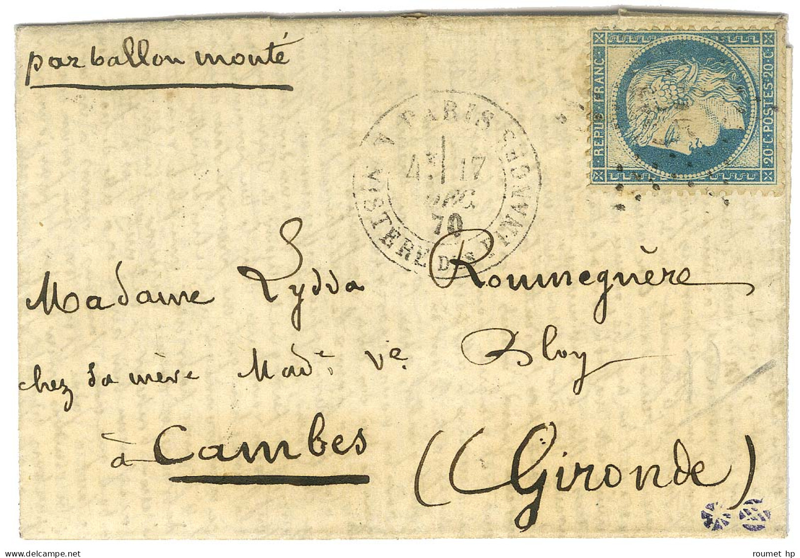 Etoile 35 / N° 37 Càd PARIS / MINISTERE DES FINANCES 17 DEC. 70 Sur Lettre Pour Cambes. Au Verso, Càd D'arrivée 21 DEC.  - War 1870