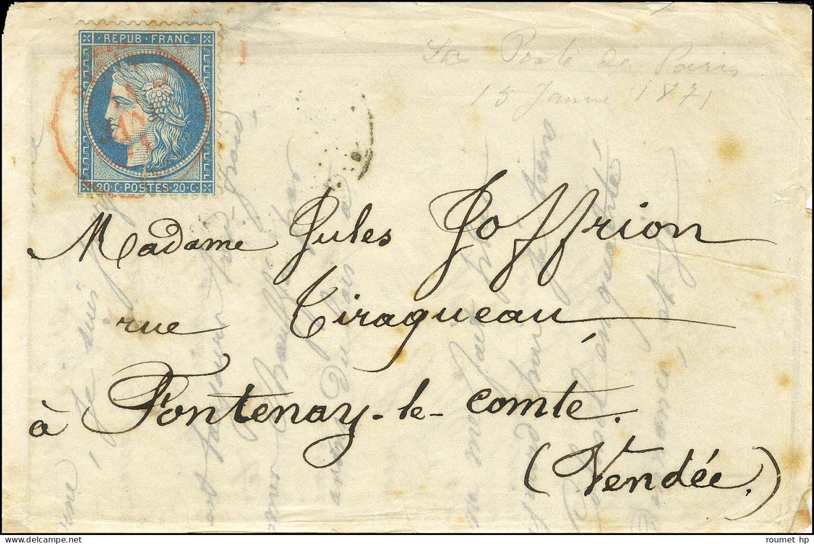 Càd Rouge PARIS (SC) 11 JANV. 71 / N° 37 (leg Def) Sur Lettre Pour Fontenay Le Comte. Au Verso, Càd LILLE A PARIS 15 JAN - War 1870