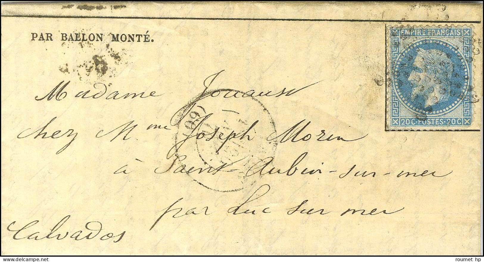 Etoile / N° 29 Càd PARIS (60) 20 NOV. 70 Sur Gazette Des Absents N° 9 Adressée à Sa Femme à St Aubin Sur Mer. Très Bon T - Guerre De 1870