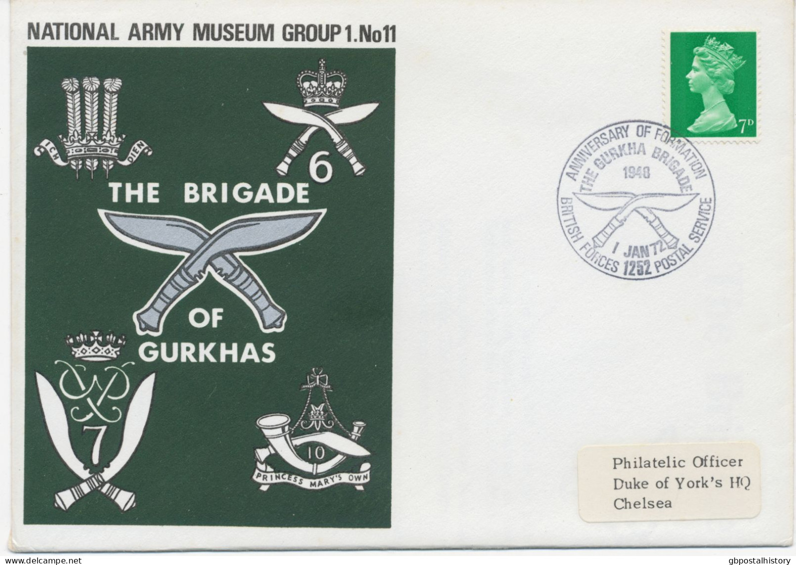 GB SPECIAL EVENT POSTMARK ANNIVERSARY OF FORMATION THE BURKHA BRIGADE 1948 1 JAN 72 BRITISH FORCES 1252 POSTAL SERVICE - Lettres & Documents