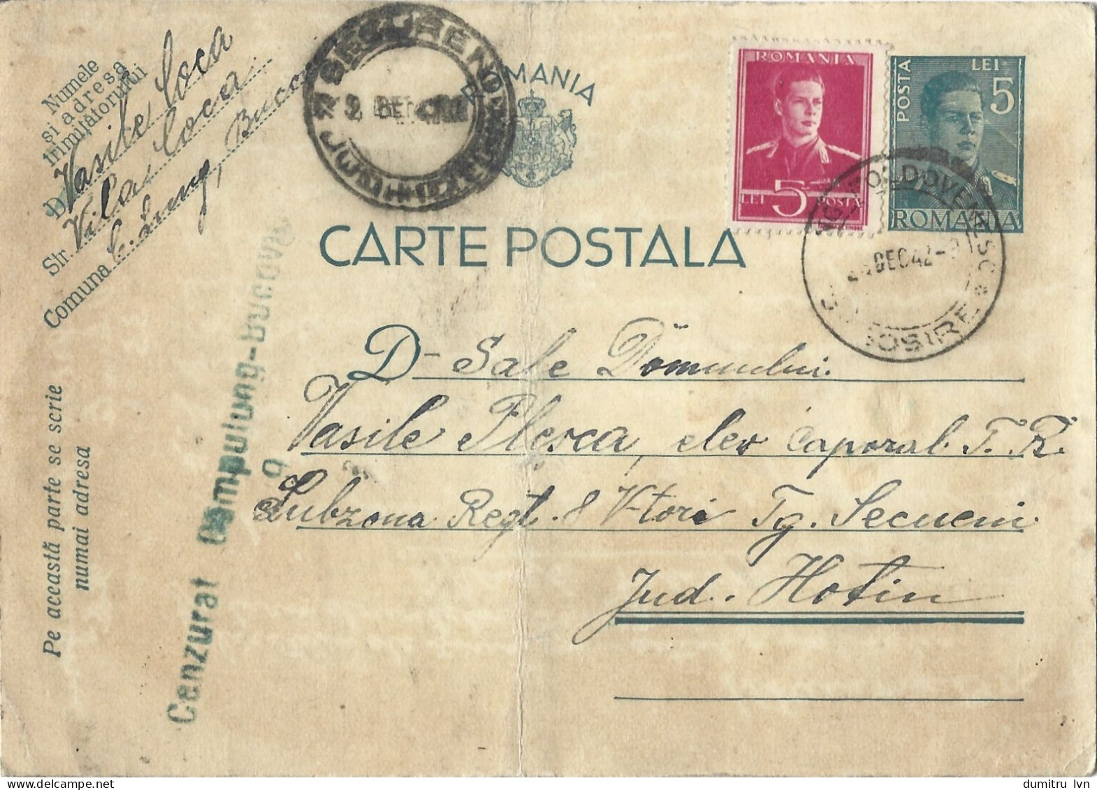 ROMANIA 1942 MILITARY POSTCARD, CENSORED CAMPULUNG-BUCOVINA, POSTCARD STATIONERY - World War 2 Letters