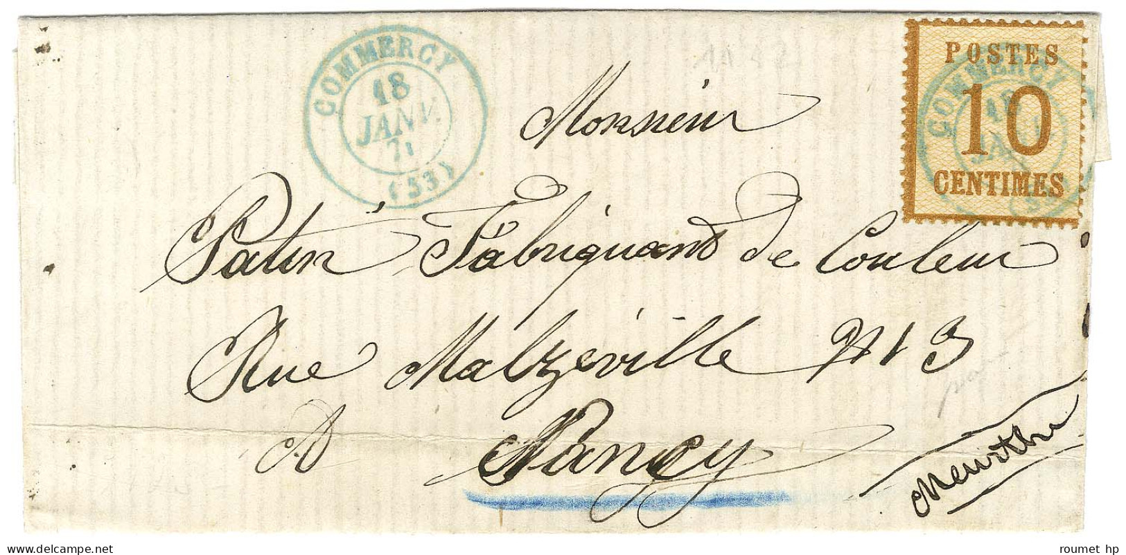 Càd T 15 Bleu COMMERCY (53) / Alsace N° 5 Sur Lettre Pour Nancy. 1871. - TB / SUP. - R. - Lettres & Documents