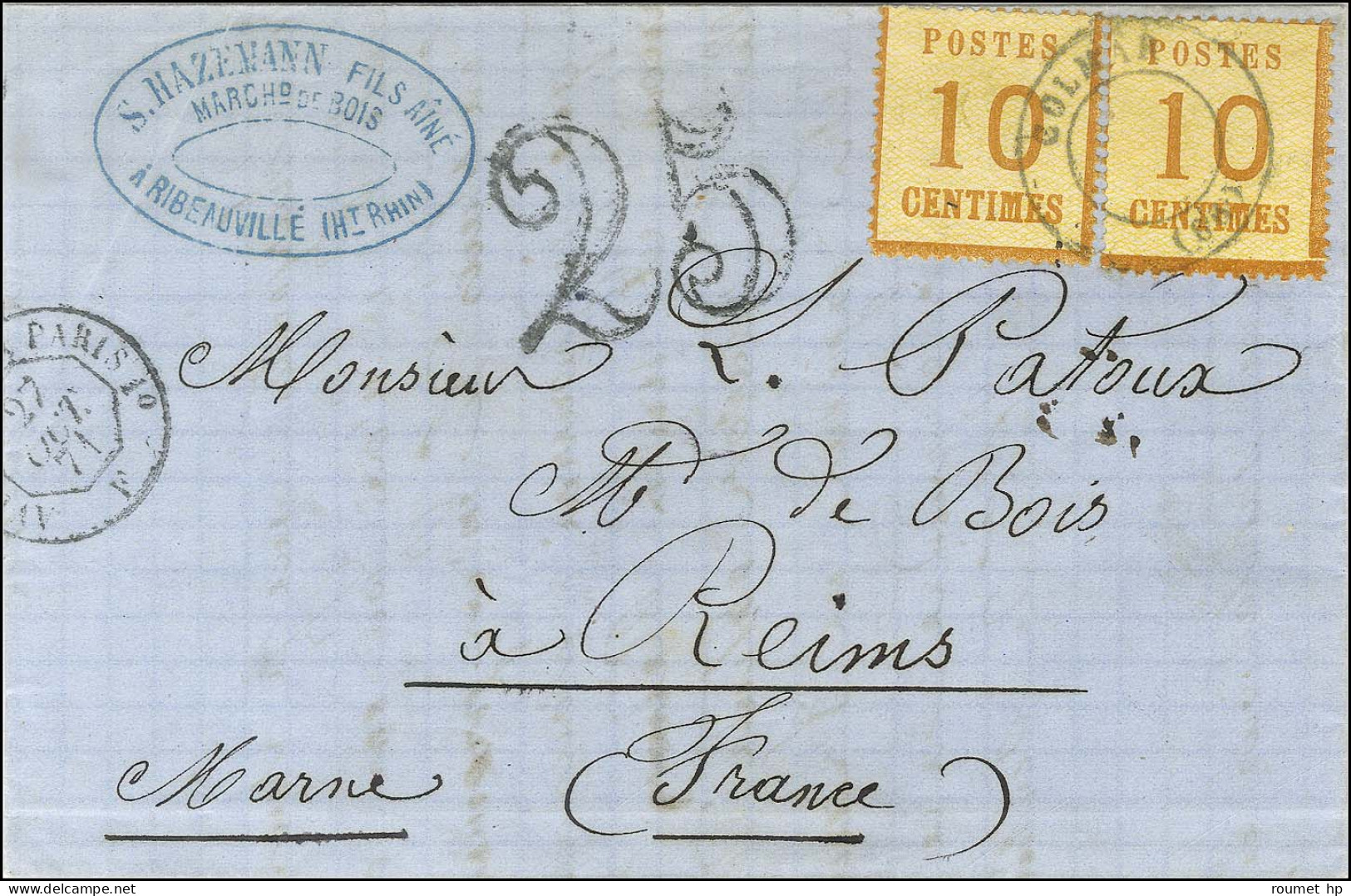 Càd T 17 Centre évidé COLMAR (66) / Als. N° 5 (2) Nuance Citron Sur Lettre Pour Reims, Au Recto Taxe 25 DT. 1871. - TB / - Brieven En Documenten