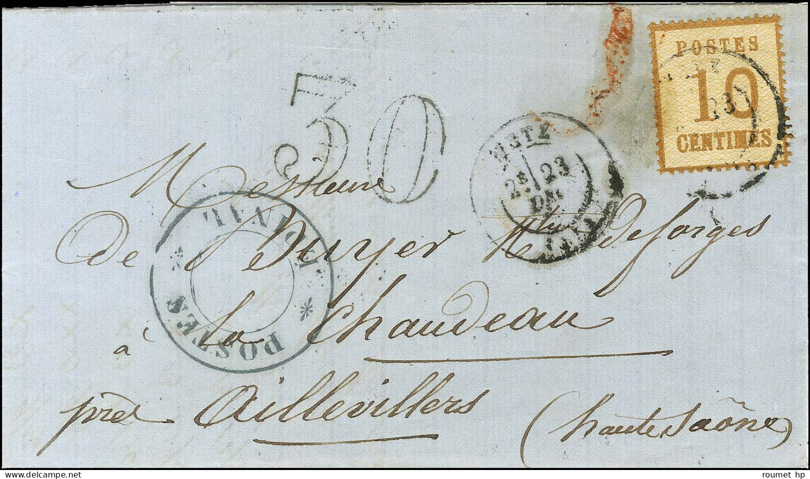 Càd T 17 METZ (55) / Als. N° 5 Taxe 30 DT Sur Lettre Pour Aillevillers, Au Recto Grand Cachet POSTE / EPINAL. 1870. - TB - Briefe U. Dokumente