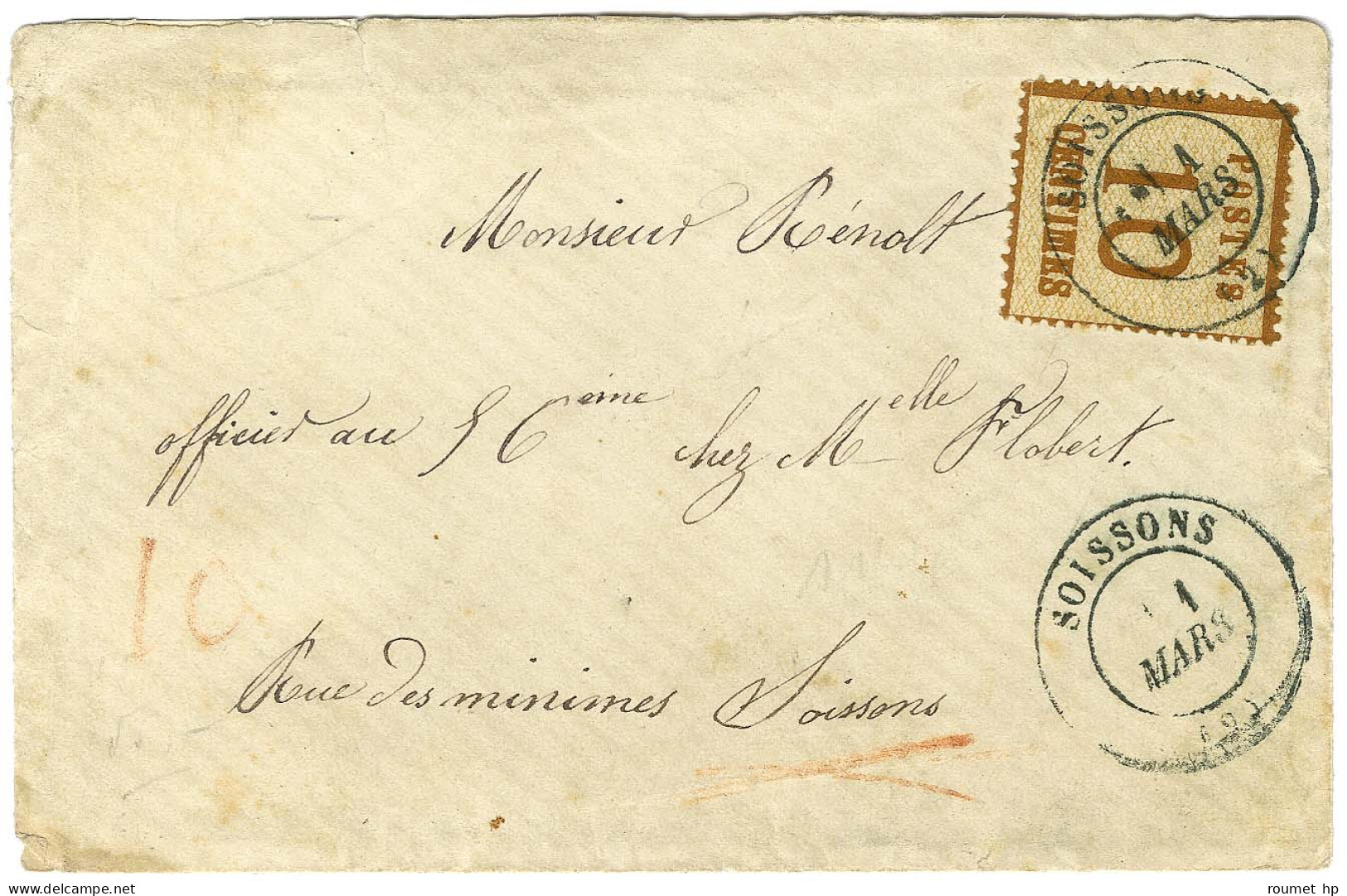 Càd T 17 Bleu SOISSONS (2) / Alsace N° 5 Sur Lettre Adressée Localement. Au Recto, Taxe 10 Au Crayon Rouge. 1871. - TB / - Lettres & Documents