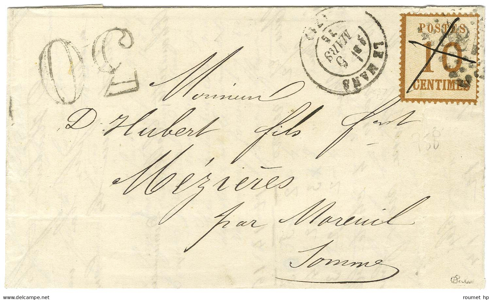 Plume + GC 2188 / Alsace N° 5 Càd T 17 LE MANS (71) Sur Lettre Pour Moreuil (Somme). Au Recto, Taxe 30 DT. 1871. - TB /  - Cartas & Documentos