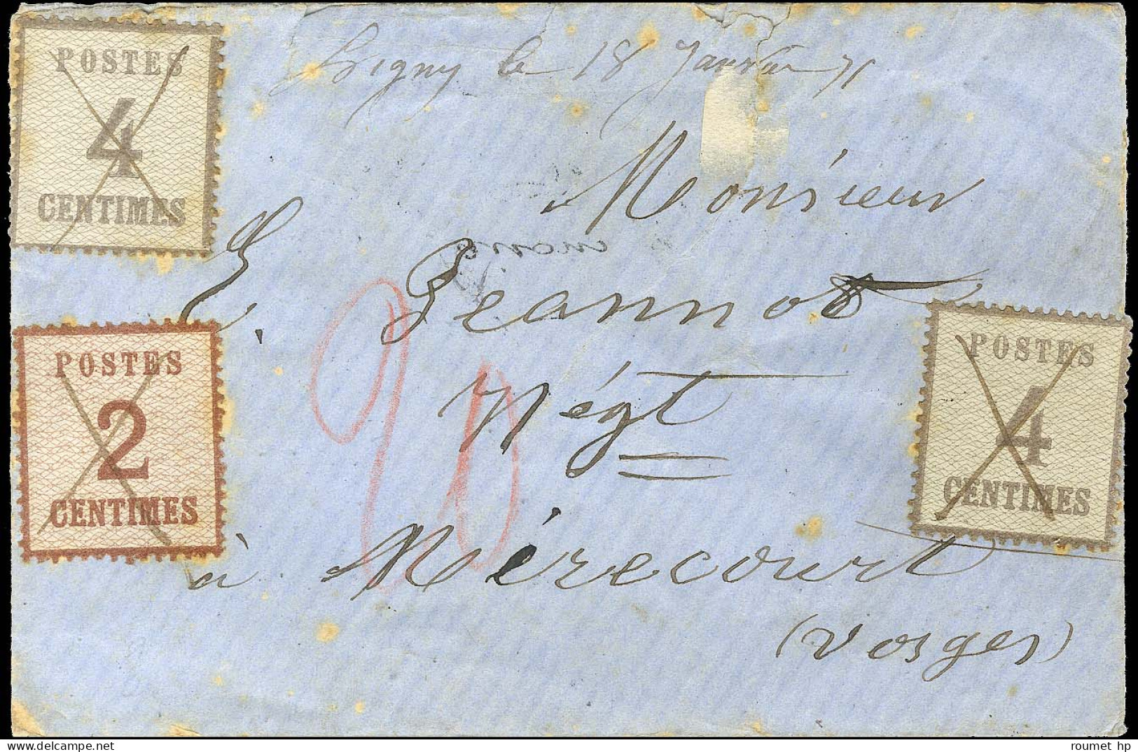 Plume / Als. N° 2 + N° 3 (2), à Coté '' Ligny Le 18 Janvier 71 '' Sur Enveloppe (déchirure) Pour Mirecourt, Au Recto Tax - Lettres & Documents