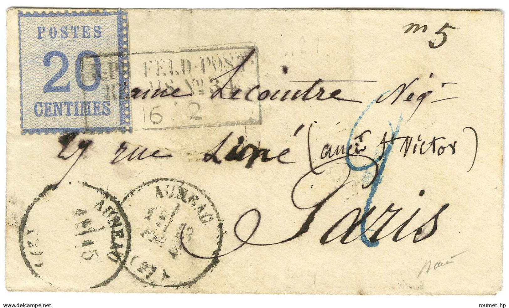 Cachet Encadré K.PR.FELD.POST / RELAIS N° 34 (Chartres) / Alsace N° 6 Sur Lettre Pour Paris. Au Recto, Càd T 16 AUNEAU ( - Covers & Documents