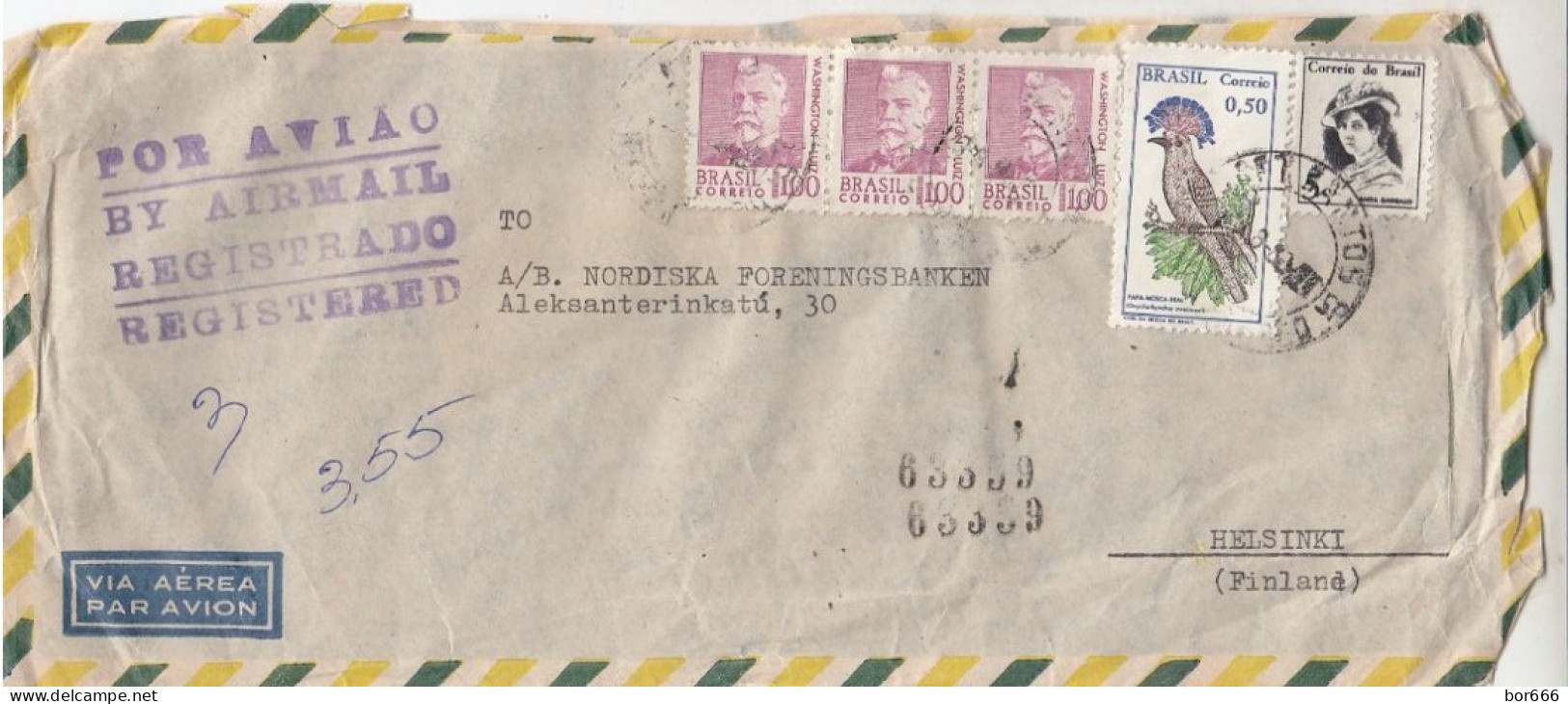 GOOD BRAZIL " REGISTERED " Postal Cover To FINLAND 1969 - Good Stamped: Persons ; Bird - Briefe U. Dokumente