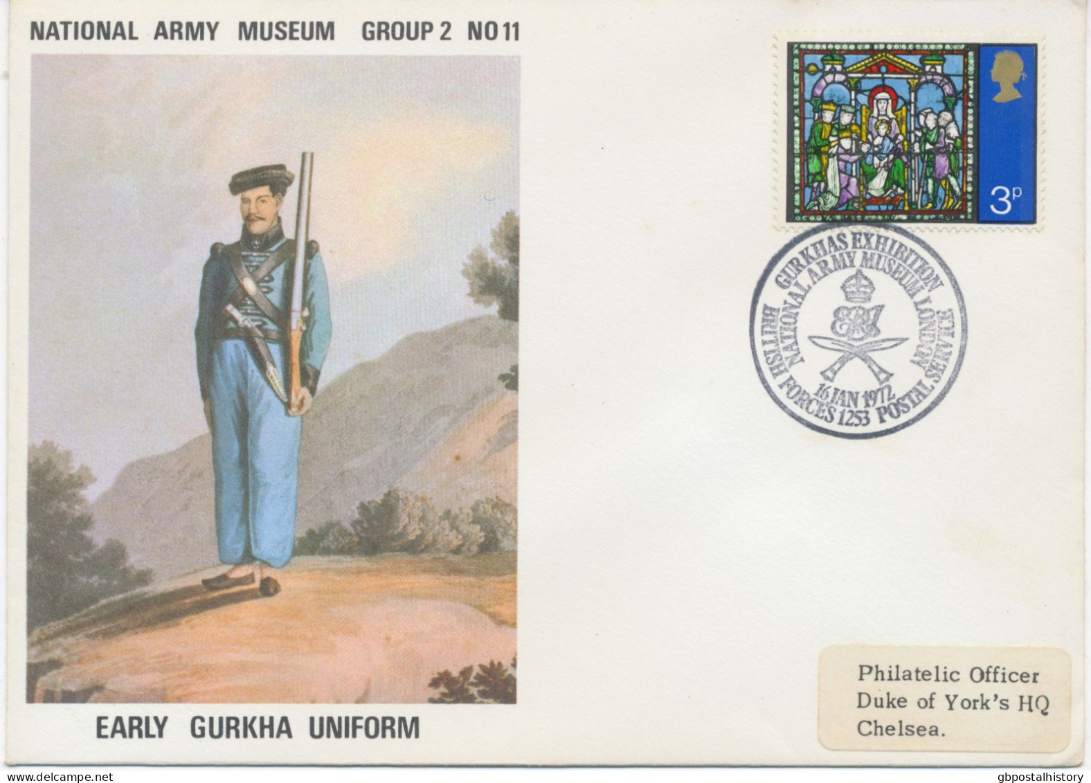 GB SPECIAL EVENT POSTMARK GURKHAS EXHIBITION NATIONAL ARMY MUSEUM LONDON 16 JAN 1972 BRITISH FORCES 1253 POSTAL SERVICE - Storia Postale