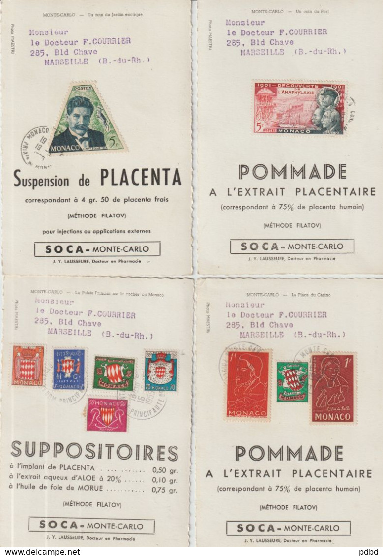 CM 25 . Monaco . 4 Cartes Monte-Carlo . Pub Pommade, Suspension De Placenta . 1955 . - Covers & Documents