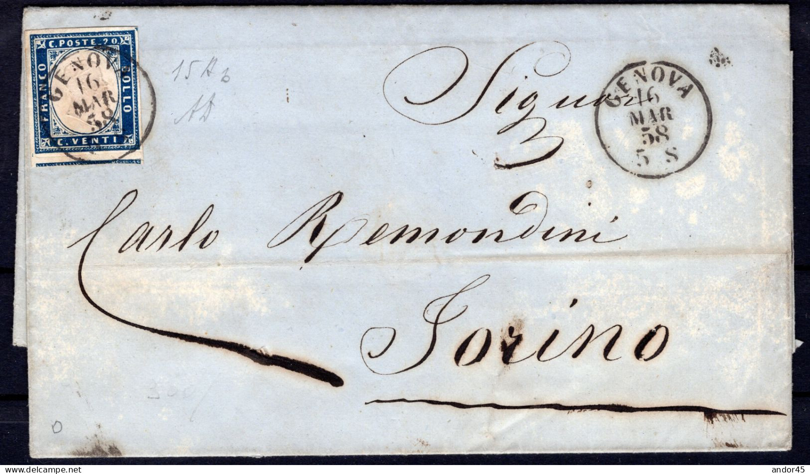 1858 16 MAR C.20 SASS 15Ab CON OTTIMI MARGINI SU LETTERA CON TESTO DA GENOVA PER TORINO FIRMA A.DIENA Cv 240 +++ - Sardegna