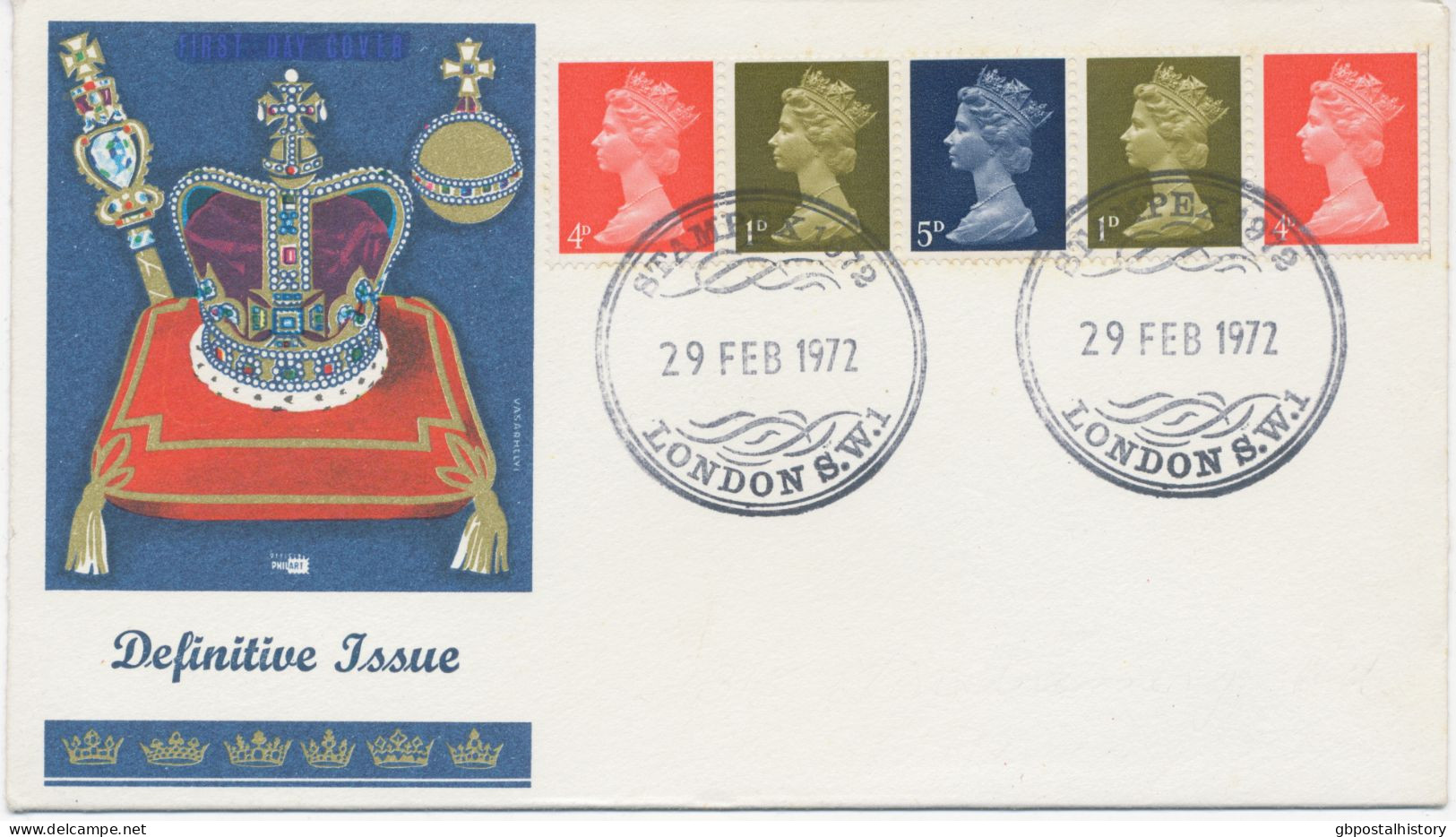 GB SPECIAL EVENT POSTMARK STAMPEX 1972 29 FEB 1972 LONDON S.W.1 On Superb Souvenircover W. Machin Pre-decimal Se-tenant - Brieven En Documenten