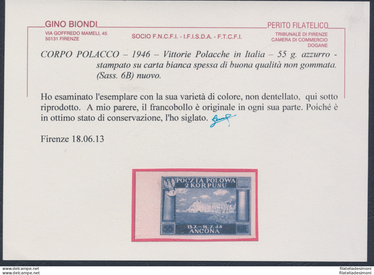 1946 CORPO POLACCO, N° 6b , 55 G. Rosso Bruno , NUOVO SENZA GOMMA , (*) Certifi - 1946-47 Période Corpo Polacco