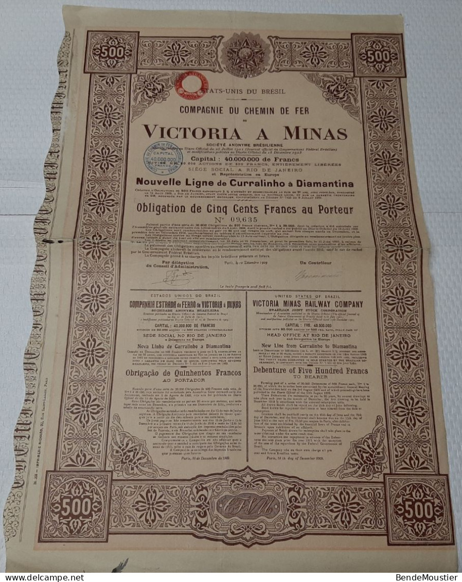 Cie De Chemin De Fer De Victoria A Minas - S.A. Brésilienne Ligne De Curralinho à Diamantina - Obligation De 500 Frs. - Chemin De Fer & Tramway