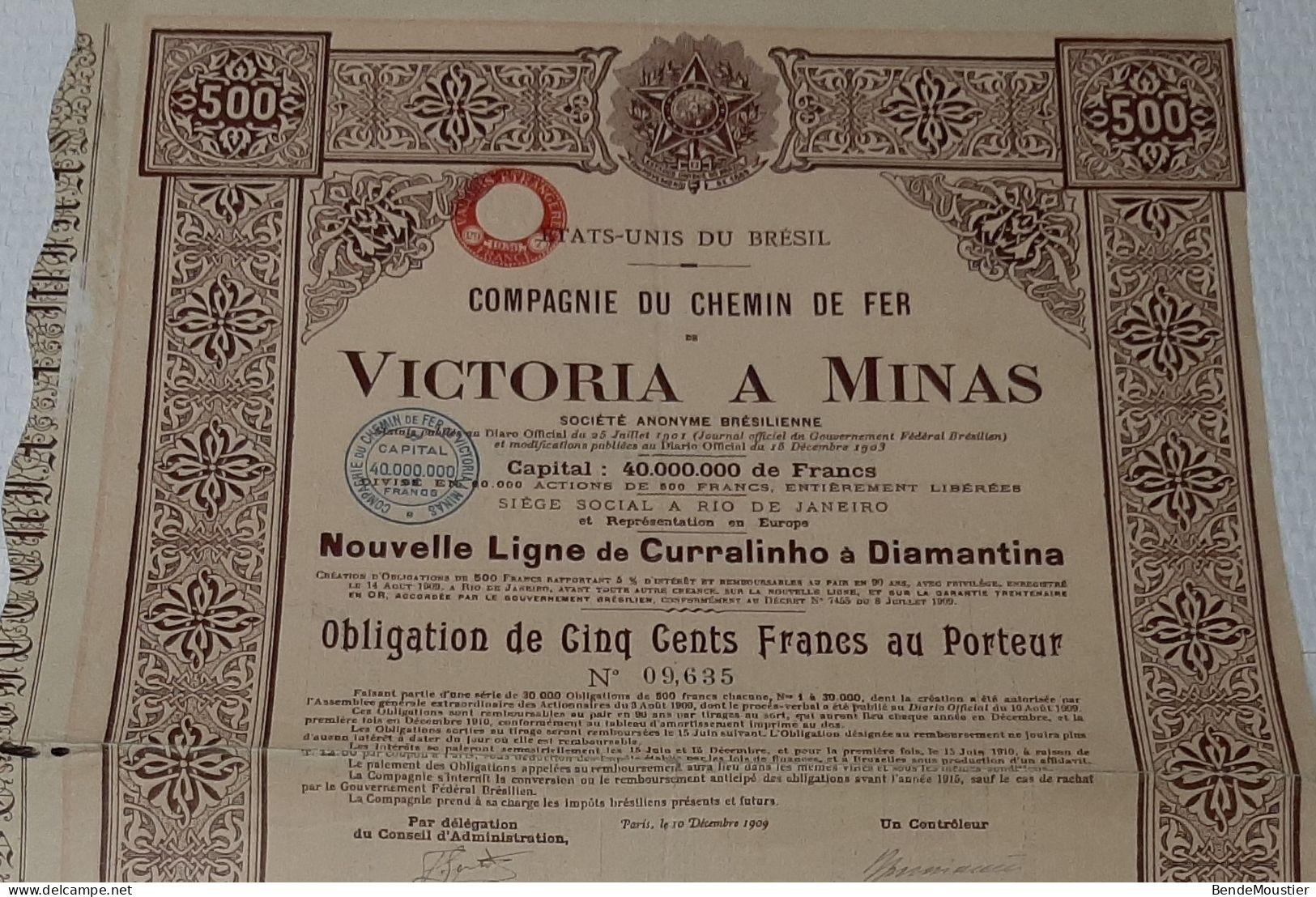 Cie De Chemin De Fer De Victoria A Minas - S.A. Brésilienne Ligne De Curralinho à Diamantina - Obligation De 500 Frs. - Spoorwegen En Trams
